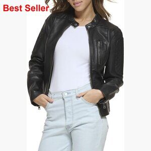 Faux Leather Motocross Racer Jacket with Zipper Pockets